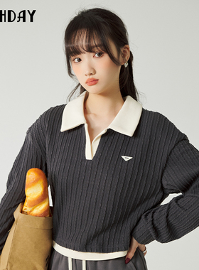 highday轩日2023春季新款撞色翻领长袖落肩宽松卫衣潮WY01BE31138