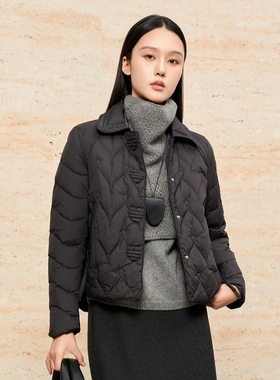 HIGHDAY轩日菱格纹翻领短款羽绒服2025冬季显瘦简约通勤保暖外套