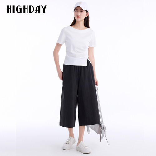 HIGHDAY轩日2026夏新款黑色棉纶混纺阔腿中裤女宽松版型阔腿直筒
