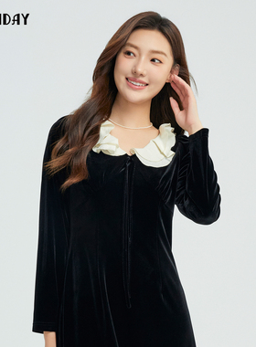 轩日2025春秋新款撞色荷叶边系带女裙复古优雅垂坠丝绒长袖连衣裙