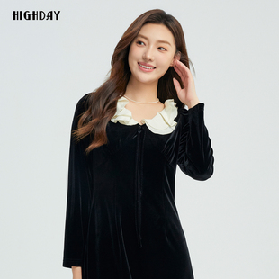 轩日2025春秋新款 连衣裙 撞色荷叶边系带女裙复古优雅垂坠丝绒长袖