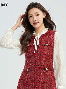 轩日2024商场同款秋季V领背心裙女修身通勤亮丝无袖小香风连衣裙