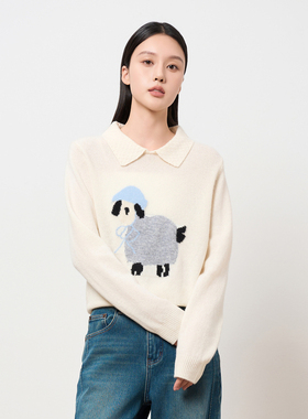 HIGHDAY轩日polo领毛衫2025秋冬米白色针织衫甜美显嫩百搭上衣女