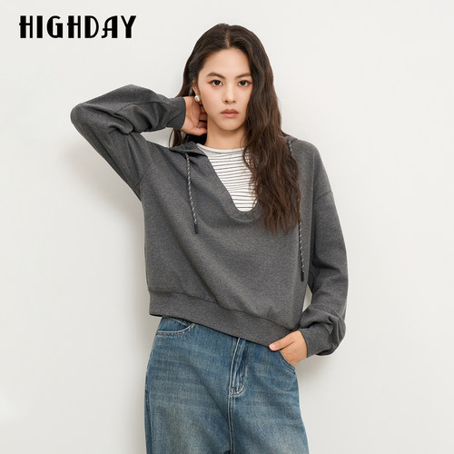 HIGH DAY/轩日假两件连帽卫衣女2026春秋拼接宽松落肩长袖上衣