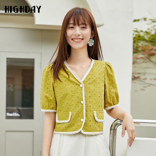 轩日泡泡袖V领短外套女