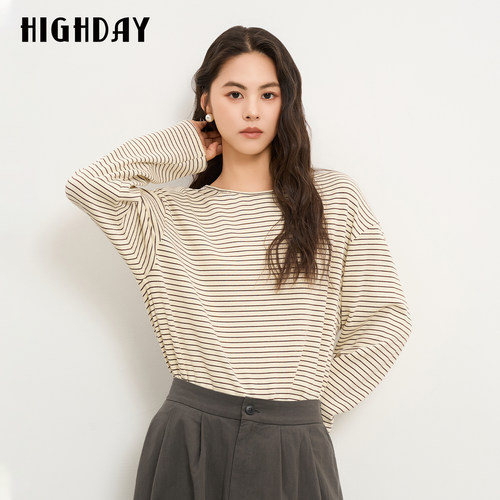 HIGH DAY/轩日条纹长袖T恤2026秋新款圆领宽松落肩百搭打底上衣