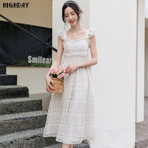 highday轩日24夏装背心裙女新白色木耳花边无袖连衣裙修身仙女裙