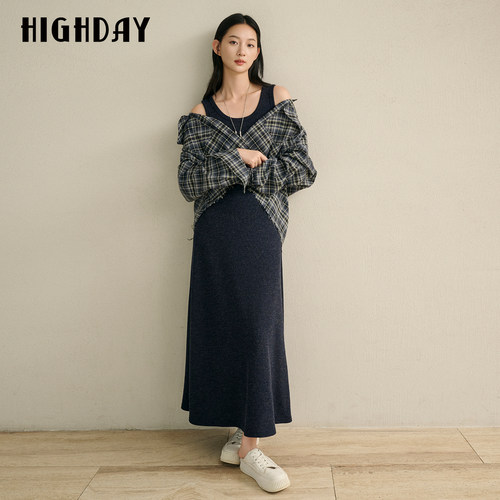 HIGHDAY轩日藏青色针织背心连衣裙2026秋季无袖垂感长款A字无袖裙
