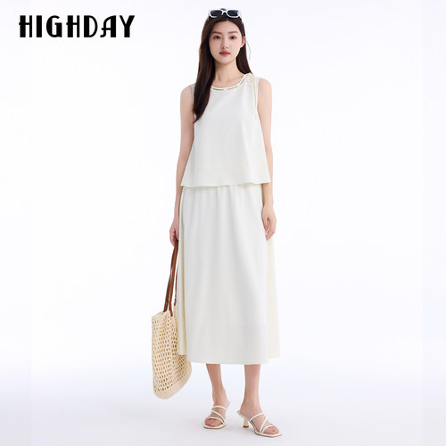 HIGHDAY轩日2026夏新款米白半身裙女温柔优雅日常休闲显瘦中长裙