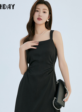 轩日24夏季新款修身显瘦小黑裙女商场缎面背带裙高级感无袖连衣裙