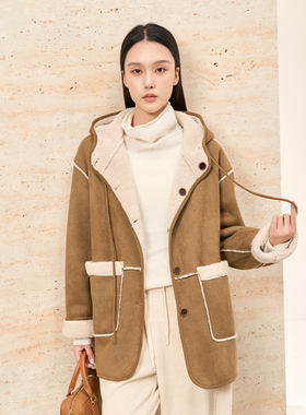 HIGHDAY轩日皮毛一体连帽外套2025冬季新撞色百搭中长款保暖上衣