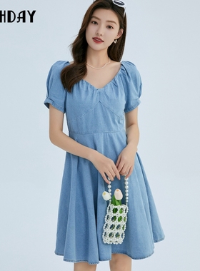 highday轩日2024夏装新V领泡泡袖女裙洋气短袖牛仔连衣裙修身短裙