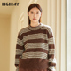 针织毛衫 highday轩日商场圆领毛衣女冬季 复古撞色条纹落肩长袖 ins