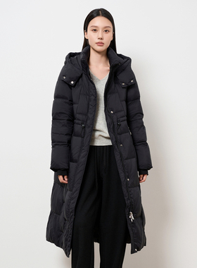 HIGHDAY轩日收腰黑色羽绒服女2025冬新品中长款连帽外套过膝上衣