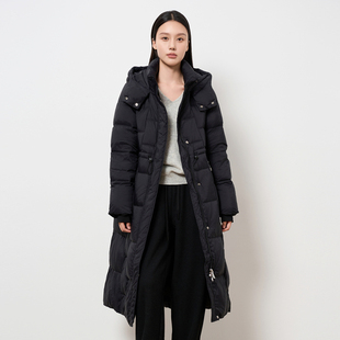 HIGHDAY轩日收腰黑色羽绒服女2025冬新品 连帽外套过膝上衣 中长款