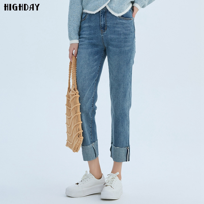 轩日高腰磨白翻边牛仔裤