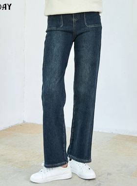 highday轩日2023冬季新款高腰牛仔裤女简约加绒修身直筒裤长裤子
