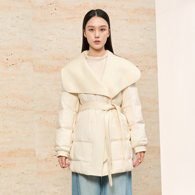HIGHDAY轩日大翻领收腰羽绒服2025冬季中长款白鸭绒外套显瘦上衣