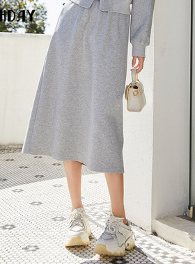 highday轩日2024春秋新款高腰半身裙女灰色中长a字裙LT03AE46296