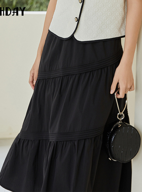 highday轩日夏季法式设计小众褶皱长裙高腰黑色半身裙女过膝a字裙