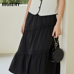 highday轩日夏季 设计小众褶皱长裙高腰黑色半身裙女过膝a字裙 法式
