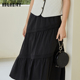 highday轩日夏季 法式 设计小众褶皱长裙高腰黑色半身裙女过膝a字裙