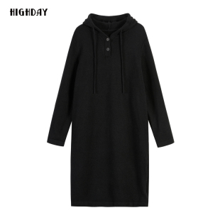 轩日2024秋冬新款 针织女裙简约复古连帽休闲连衣裙潮 宽松落肩长袖