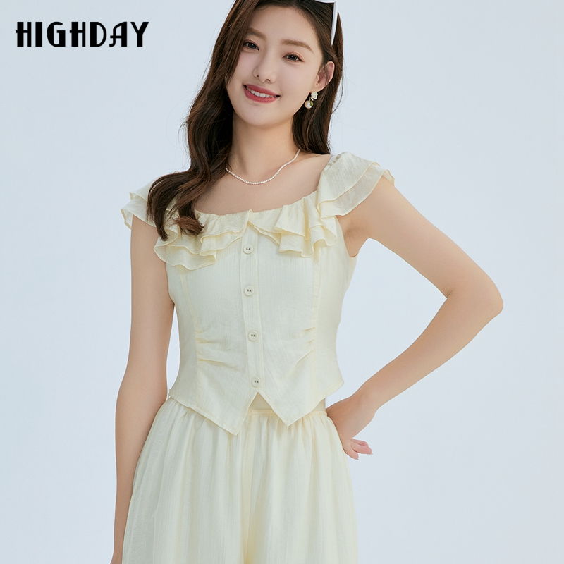 轩日修身一字领荷叶边衬衫