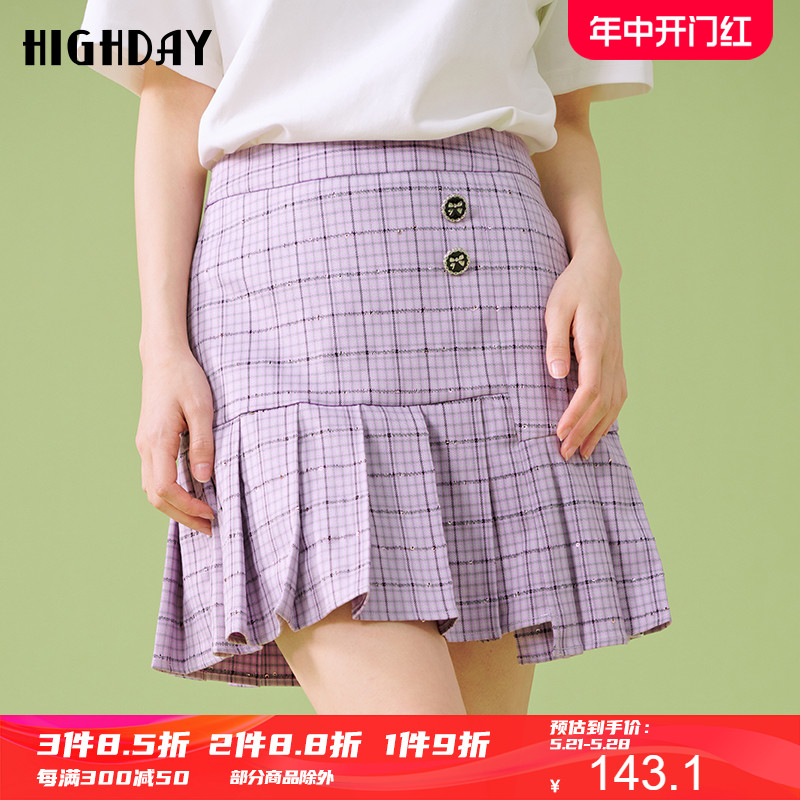 highday轩日2023春秋高腰半身裙女学院格纹纽扣短裙百褶裙包臀裙