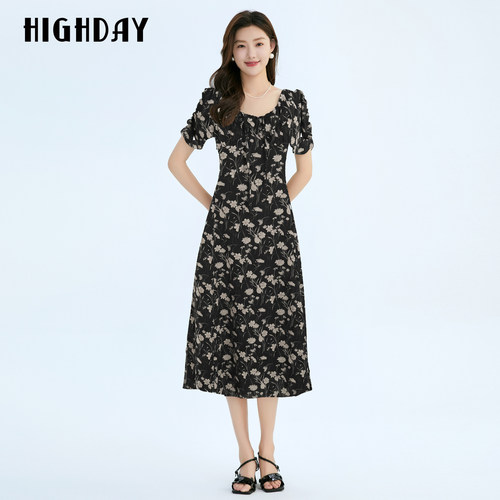 highday轩日26夏装新款大领口法式印花裙女商场款抽褶修身连衣裙
