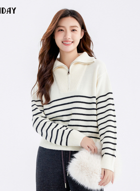 轩日2024商场女装休闲拉链款套头条纹针织毛衣女冬季新款松弛上衣