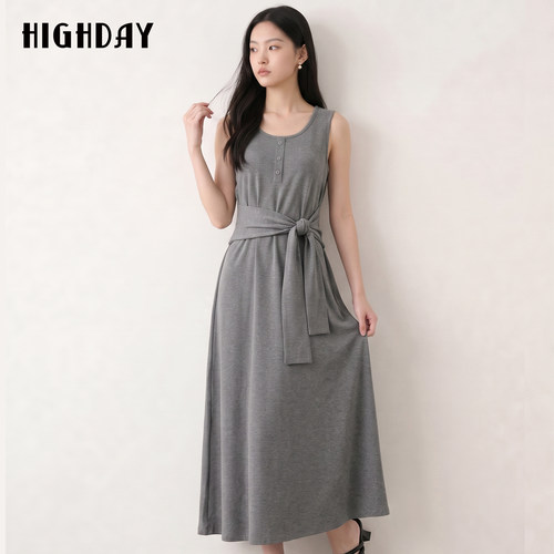 highday轩日灰色背心无袖连衣裙26新款慵懒显瘦收腰垂感休闲长裙