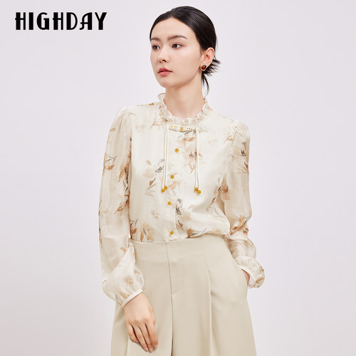 HIGHDAY轩日新中式木耳边立领碎花衬衫女2026秋盘扣系带雪纺衬衣