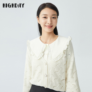 highday轩日2025春秋新款 女V领落肩宽松外套chic 白色镂空针织开衫