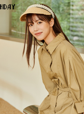 highday轩日2023夏季新款翻领衬衫裙女收腰简约纯色九分袖连衣裙