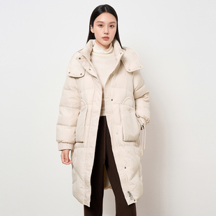 HIGHDAY轩日中长款羽绒服女2025冬季米白宽松显瘦连帽保暖大衣