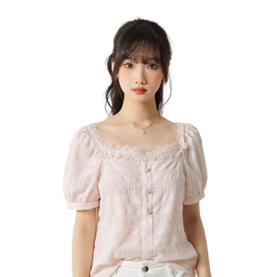 highday轩日2024夏季新款方领泡泡袖上衣女浅粉条纹短袖衬衣chic