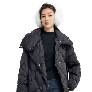 轩日2024冬季新款大翻领白鸭绒长袖外套女黑色宽松菱格羽绒服chic