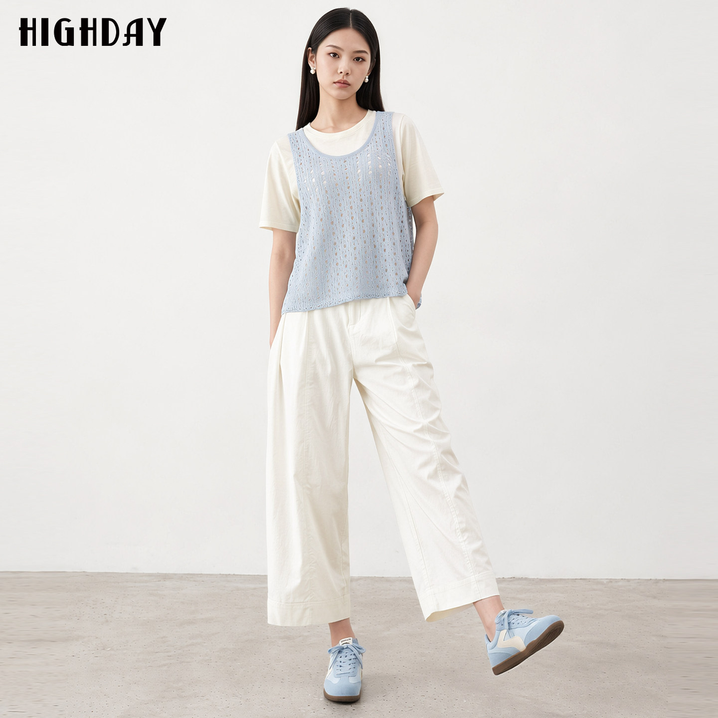 highday轩日白色高级感休闲长裤2026新款薄款宽松显瘦直筒阔腿裤图片