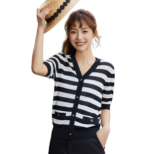highday轩日夏款V领黑白条纹短袖小衫女chic上衣薄款针织开衫外套