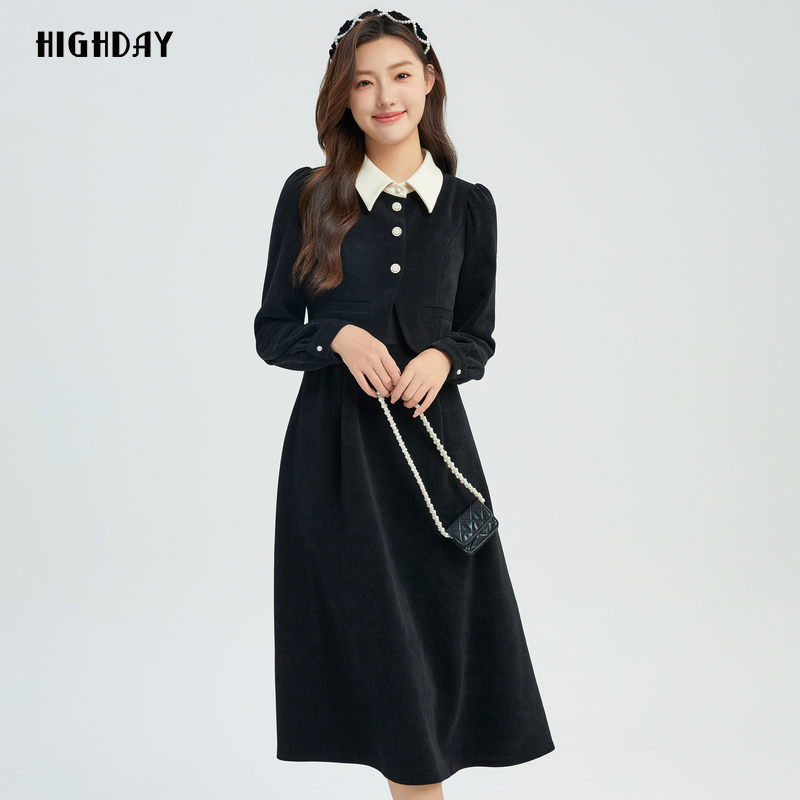 轩日假两件撞色长袖连衣裙