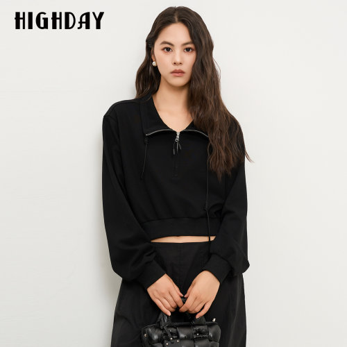 HIGHDAY轩日黑色翻领卫衣2026秋季短款拉链抽绳宽松休闲运动上衣