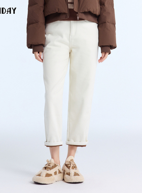 轩日2024冬季新款加厚牛仔裤女商场同款白色加绒休闲直筒裤长裤子