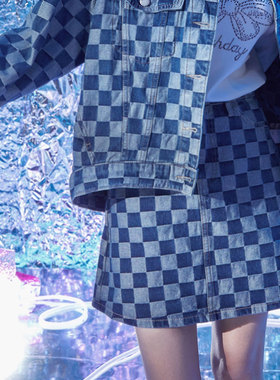 highday轩日2023春秋高腰半身裙女休闲a字格纹甜酷小众牛仔短裙潮