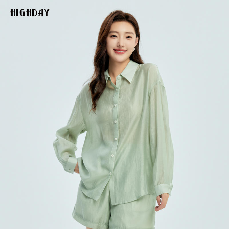 轩日微透长袖落肩衬衫