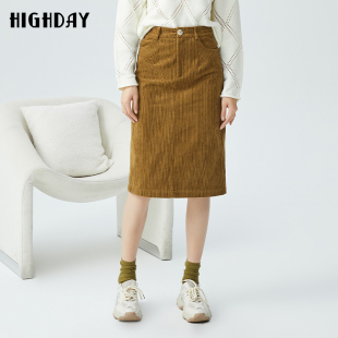 highday轩日裙子2025春秋新款 高腰一步裙女包臀灯芯绒中长半身裙
