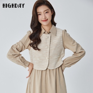 highday轩日2024春新款 女裙气质简约两件套马夹连衣裙中长裙 长袖