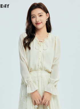 highday轩日25春季法式木耳花边衬衣女新款珠珠装饰系带长袖衬衫