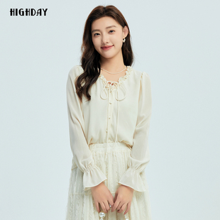 法式 衬衫 木耳花边衬衣女新款 饰系带长袖 珠珠装 highday轩日25春季