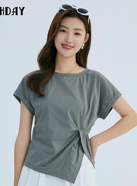 轩日24商场同款夏装小众开叉上衣女新洋气灰色不规则褶皱短袖T恤
